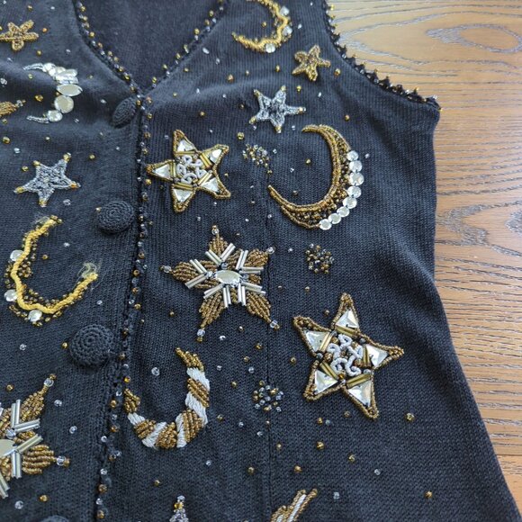 Michael Simon Beaded Y2K Vest Women’s Sweater Sz S Celestial Stars Moon Sequin - Picture 12 of 16